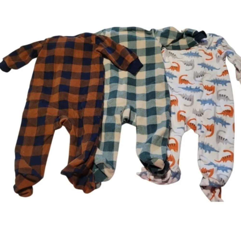 Carter's Fleece Brown Green Plaid Dinosaur Onsie Bundle Set Size 3 To 6 Months